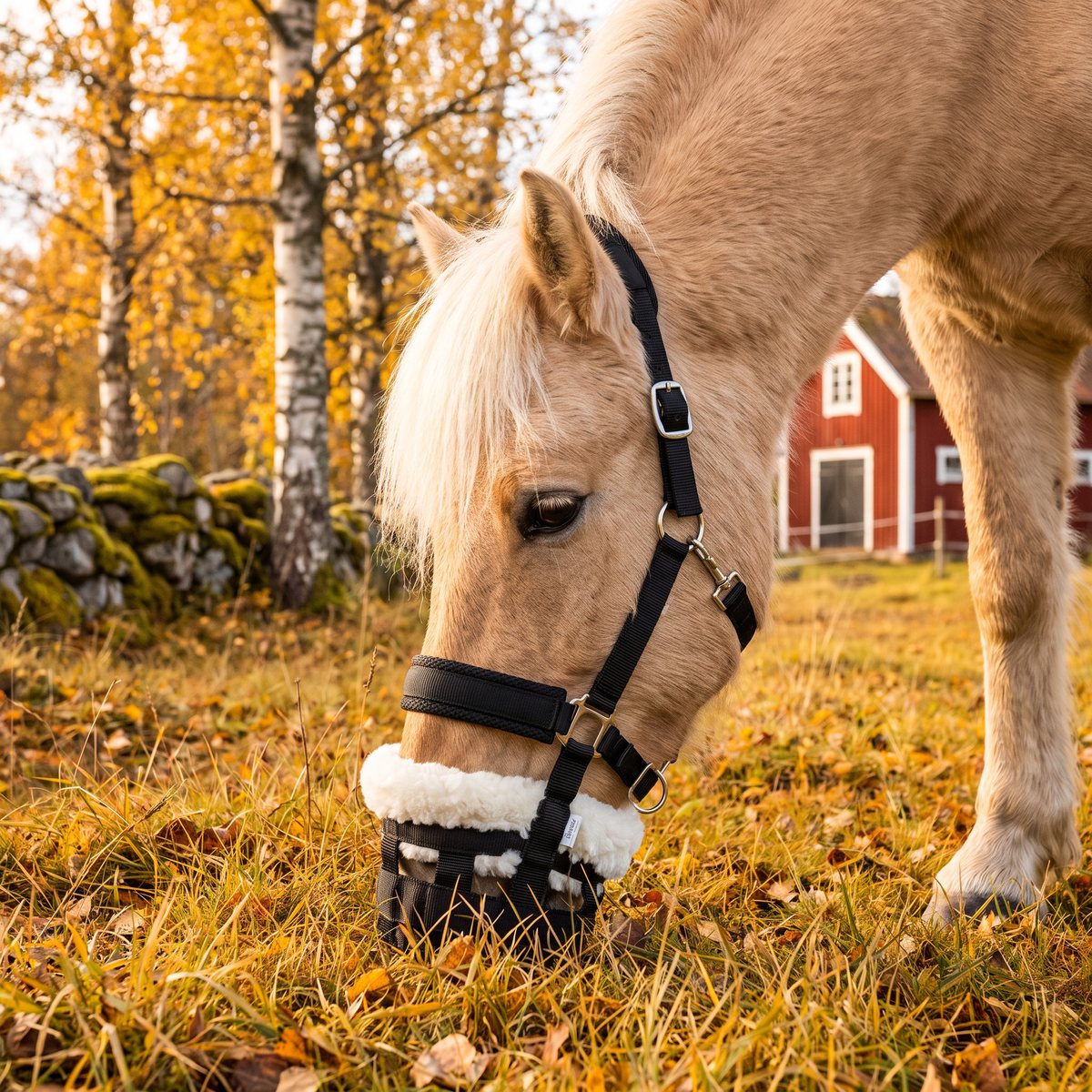 Palominohäst med svart betesmask med fleecefoder som betar på en höstlig hage med björkar och rött stall