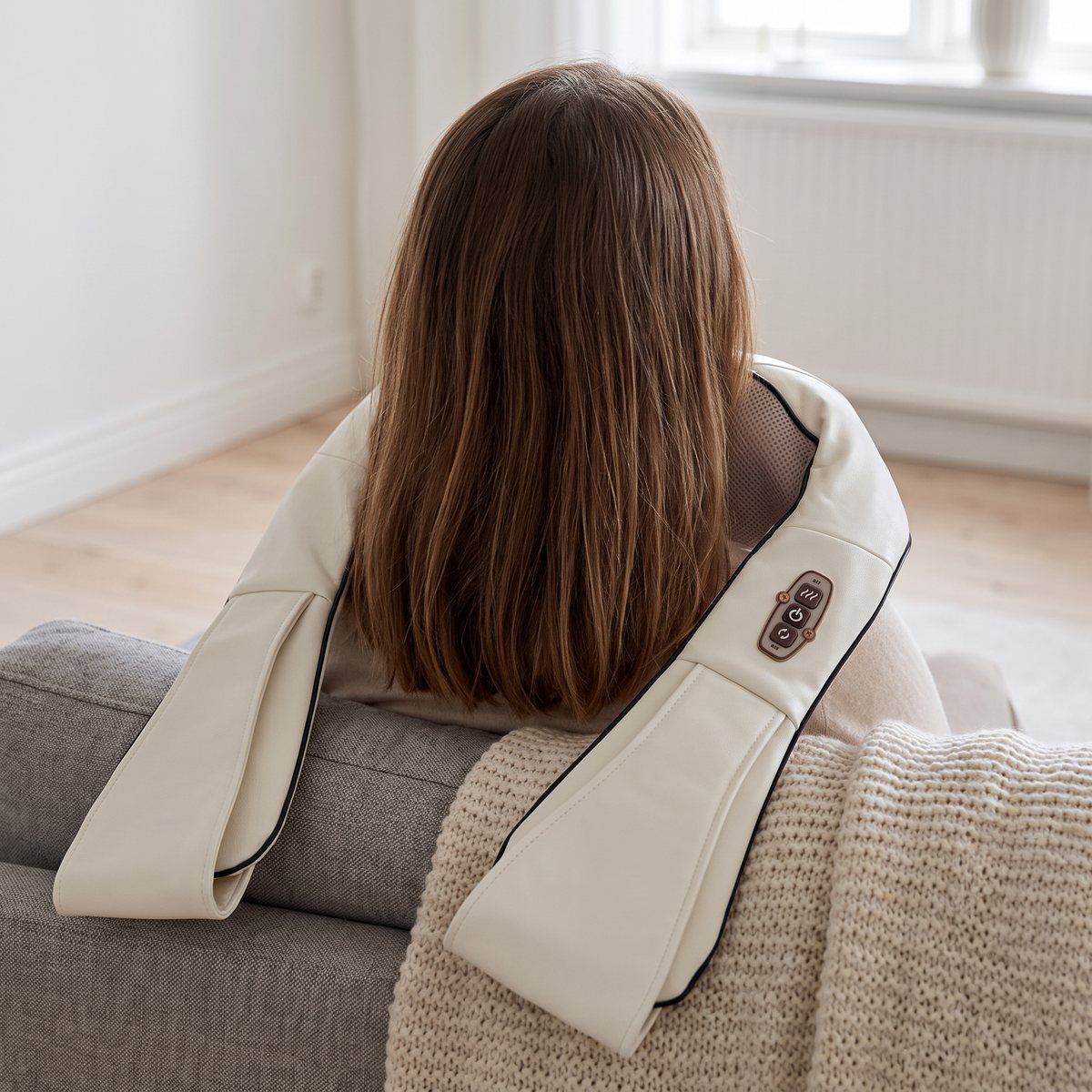 Vit nackmassage över nacke och axlar på en person i en soffa i ett svenskt vardagsrum