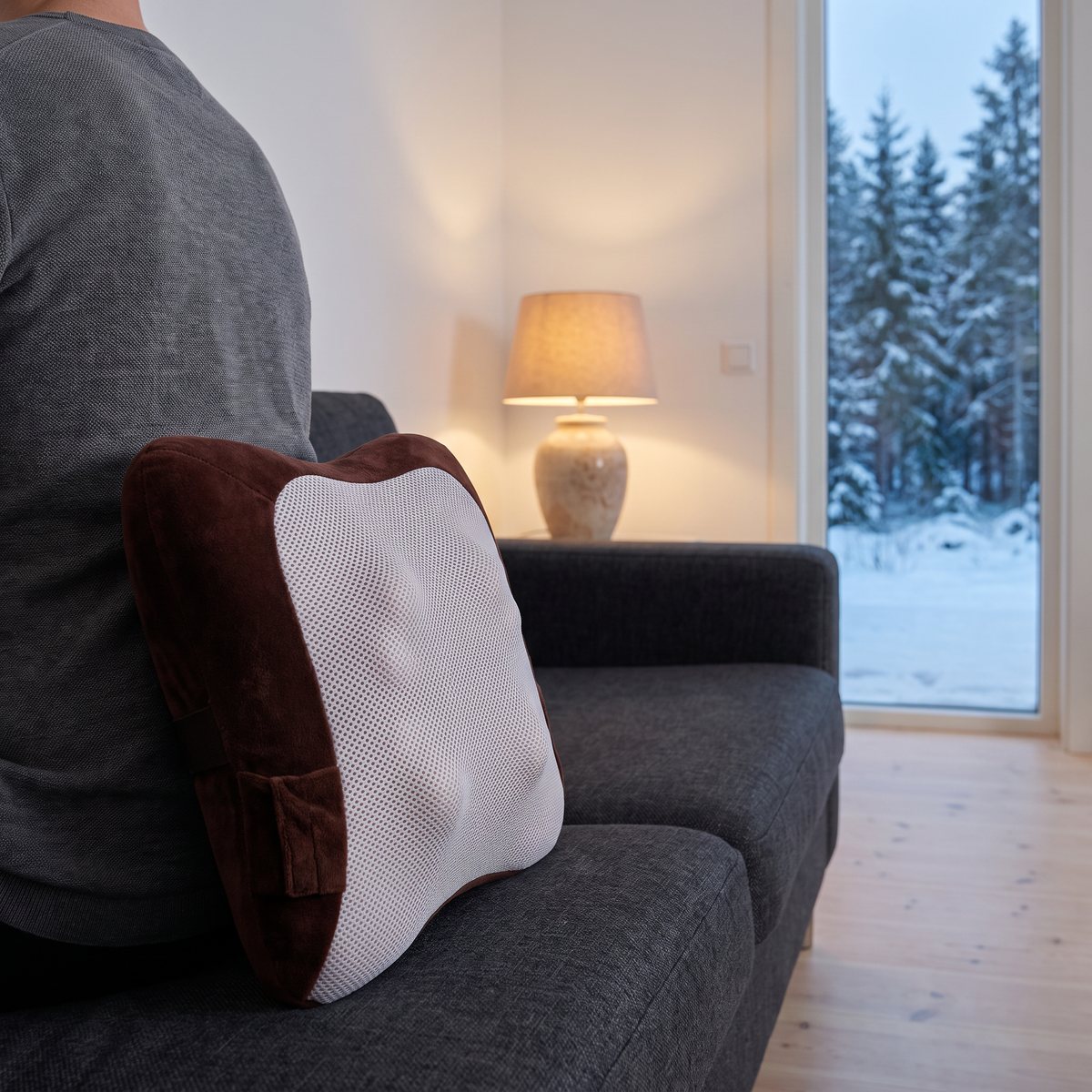 Brun massagekudde med vit mesh bakom ryggen i en grå soffa i ett svenskt hem en snöig kväll
