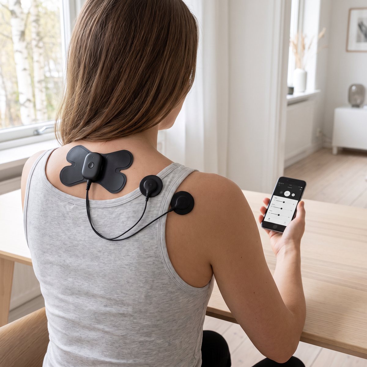 Flowtens Connect på övre ryggen vid ett skrivbord, styrd från mobilen
