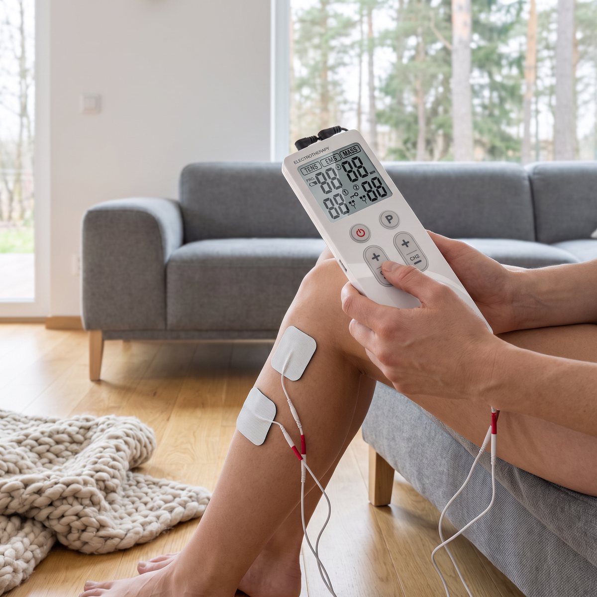 SweTens Allround i handen i ett vardagsrum, med elektroder på knä och vad