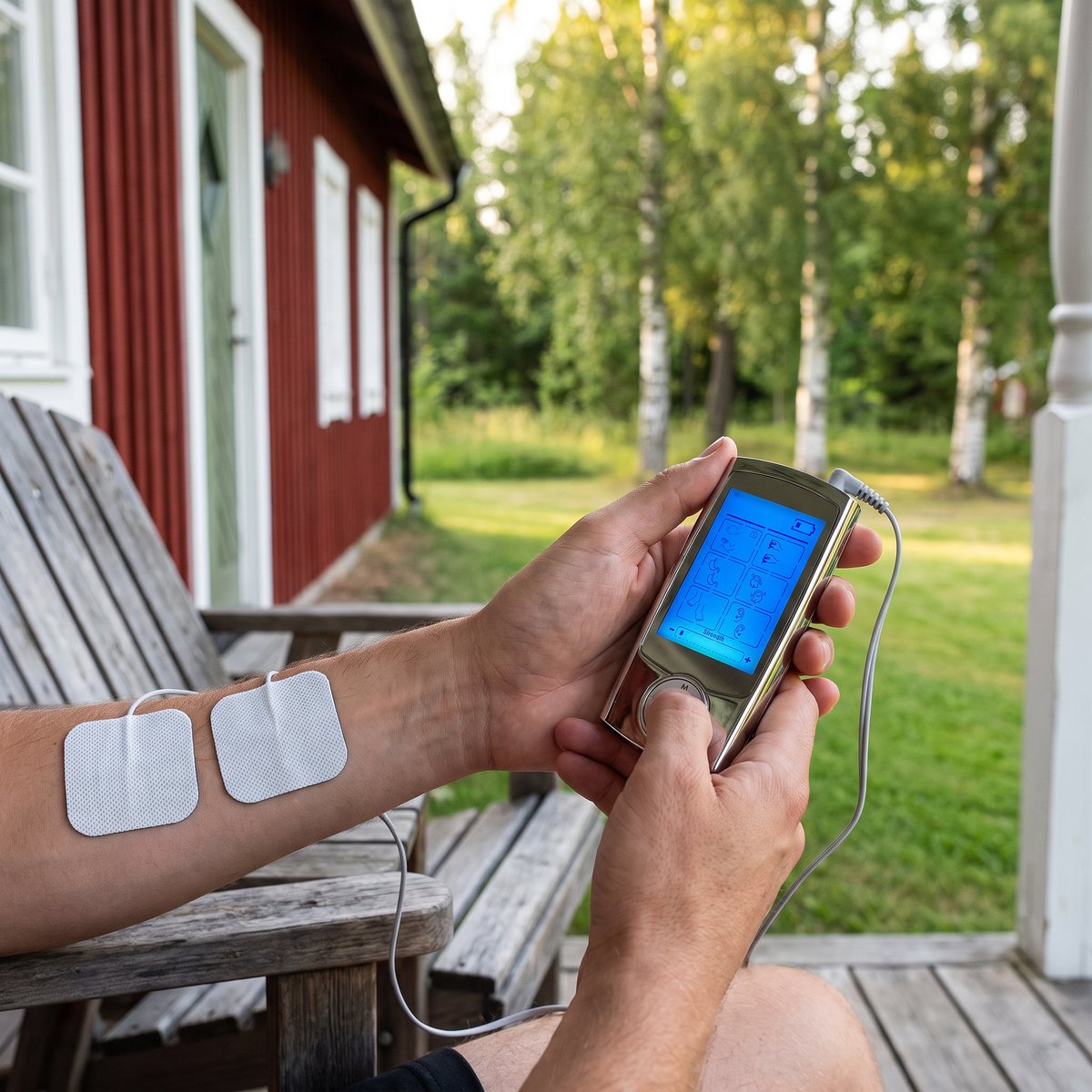 SweTens Pocket i handen på en stugveranda, med två elektroder på underarmen