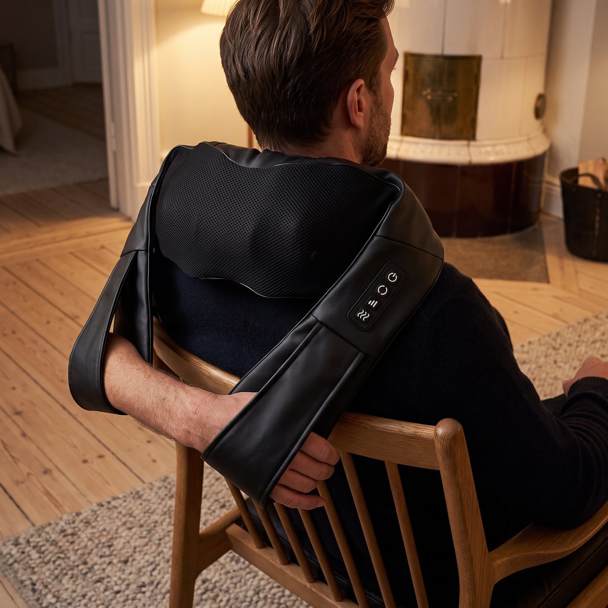 Svart Medinor Physio+ över axlarna på en man i en trästol, med armarna i remmarna, i ett svenskt vardagsrum med kakelugn