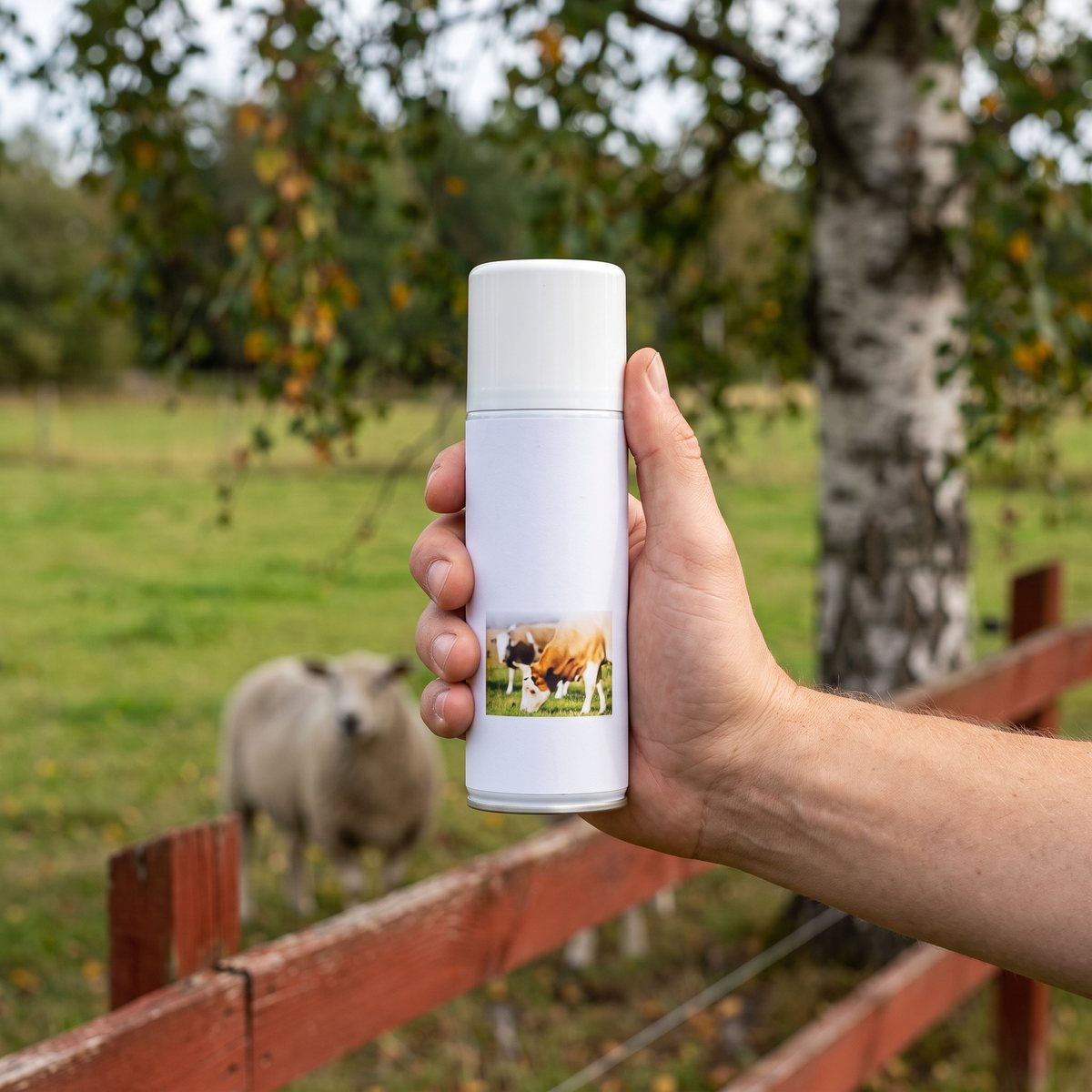Vit sprayburk hålls i handen framför en svensk hage med björk, rött staket och ett får