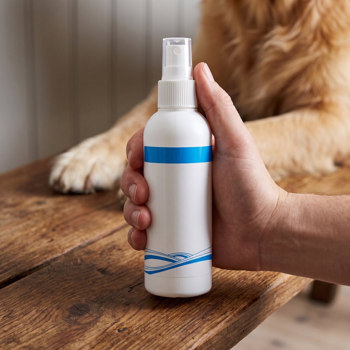 Vit sprayflaska med klorhexidin hålls i handen i en svensk hall med en hunds tass i bakgrunden