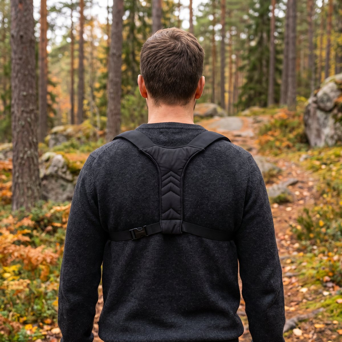 Person sedd bakifrån bär React Nordics hållningsväst över en mörk tröja på en skogsstig bland tallar och granit i svensk höstskog