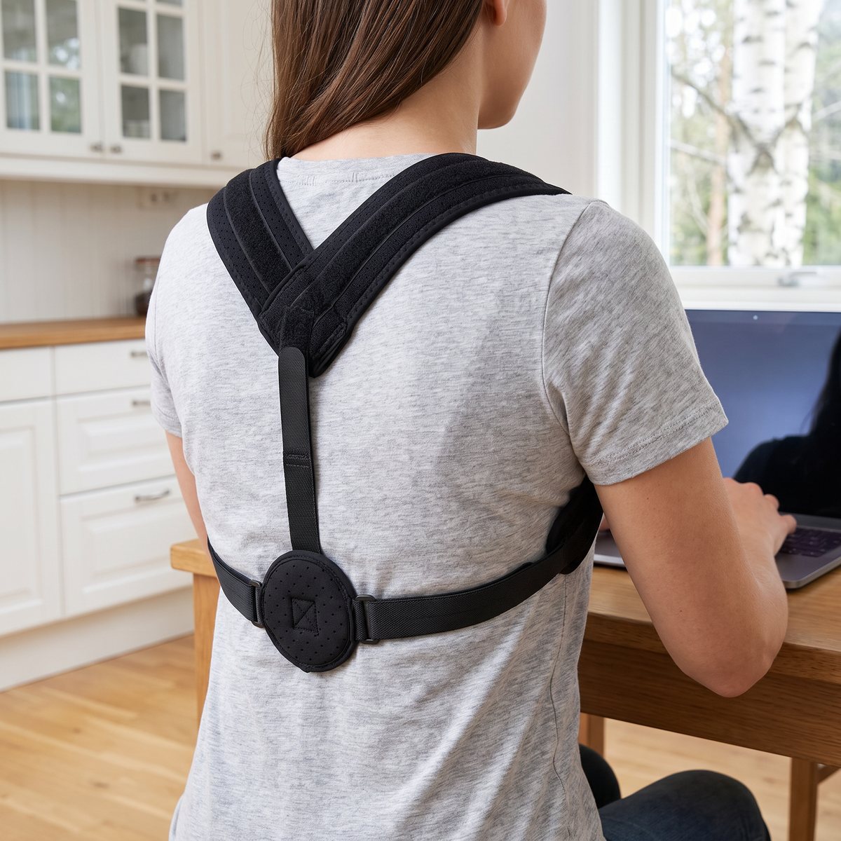 Kvinna sedd bakifrån bär Refit Hållningsbandage över en ljus t-shirt vid köksbordet i ett svenskt hem