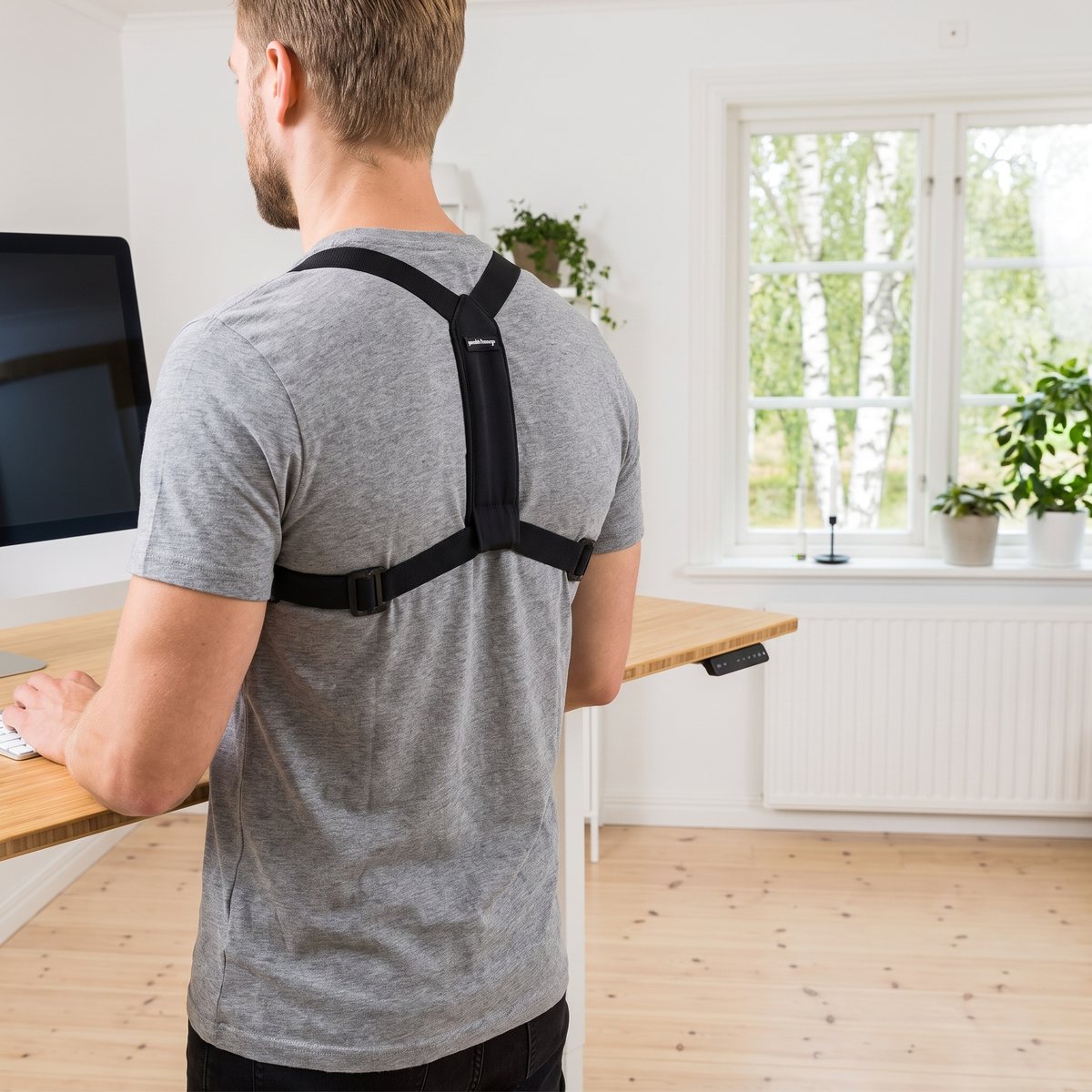 Man sedd bakifrån bär hållningsbandet Swedish Posture Flexi över en grå t-shirt vid ett höj- och sänkbart skrivbord i ett svenskt hemmakontor
