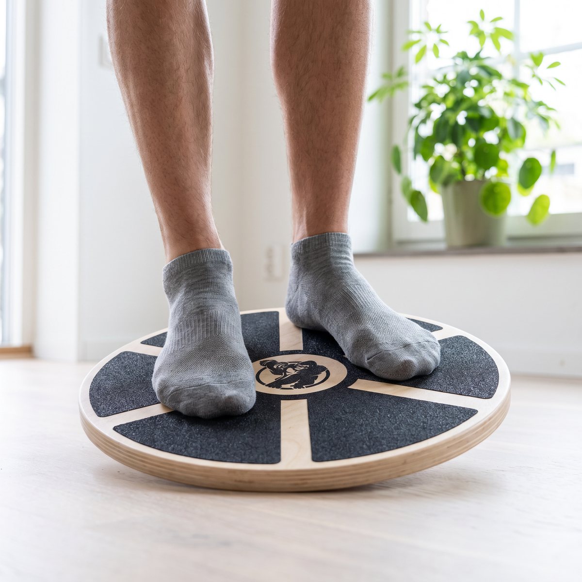 Gorilla Sports balansplatta i trä med svarta greppfält, med fötter i strumpor i en svensk lägenhet.