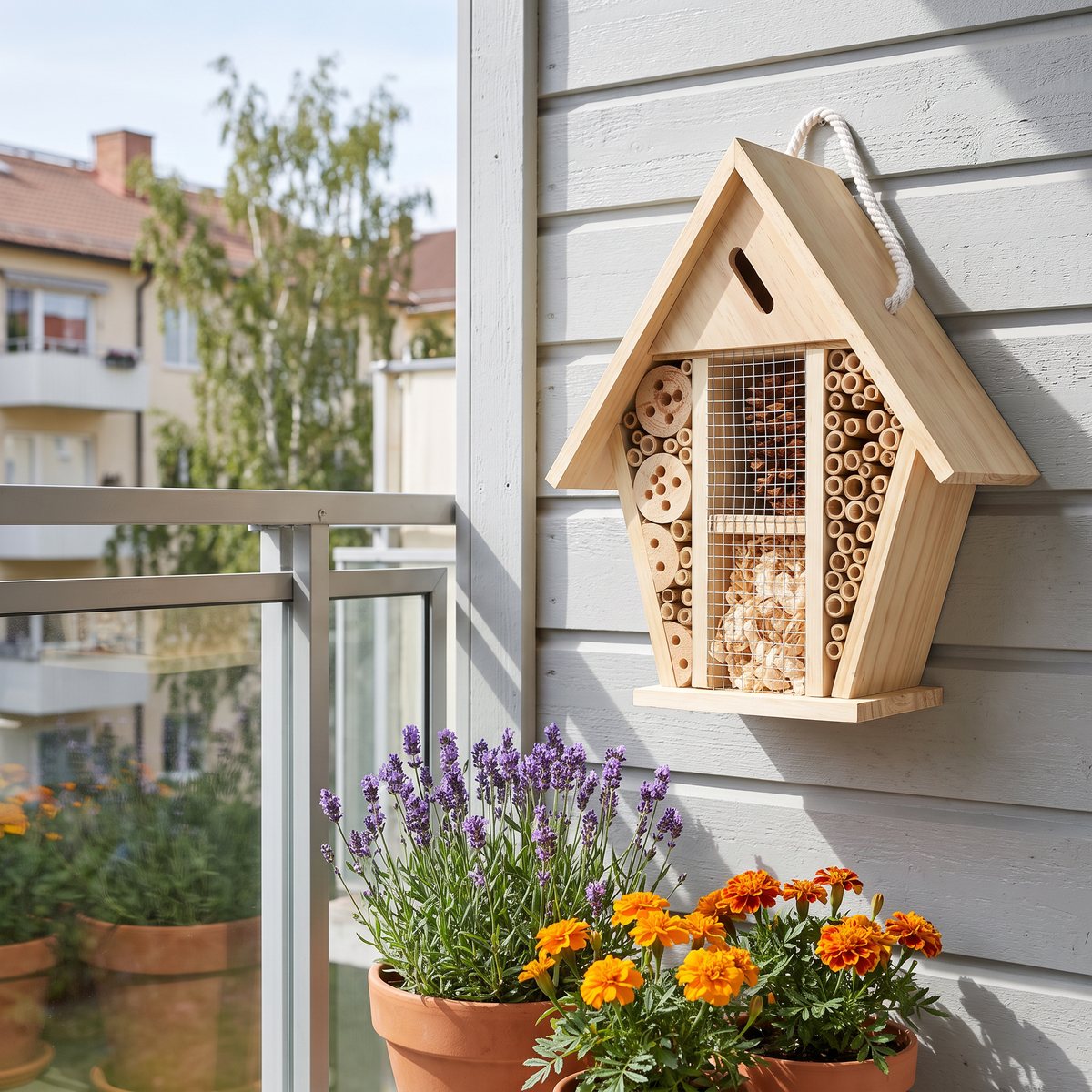 RYOM Bihus fastsatt på väggen på en solig svensk balkong med lavendel och tagetes i krukor