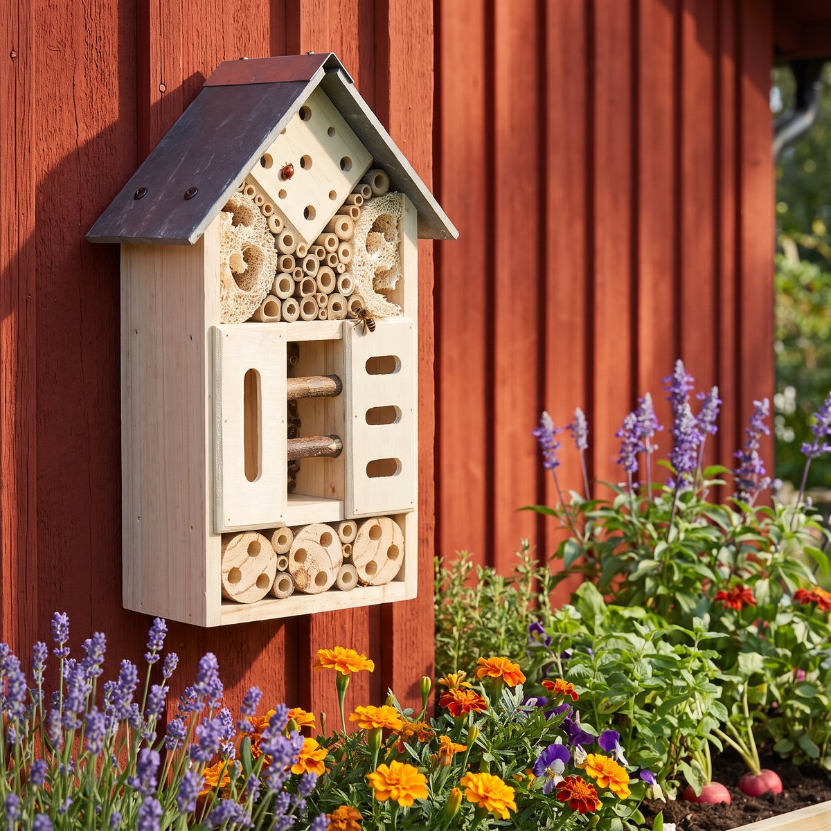 Trixie Natural Living med skiffertak fastskruvat på en falurödmålad husvägg ovanför lavendel och tagetes