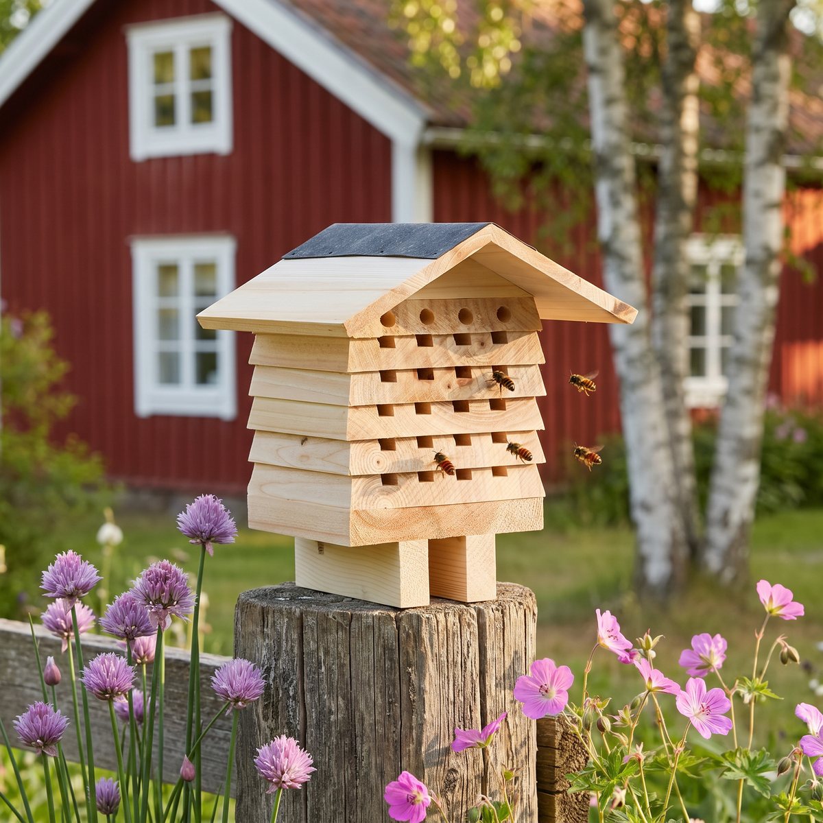vidaXL Bihotell i massiv gran på en trästolpe i en svensk trädgård med gräslök och blommor, röd stuga och björkar i bakgrunden