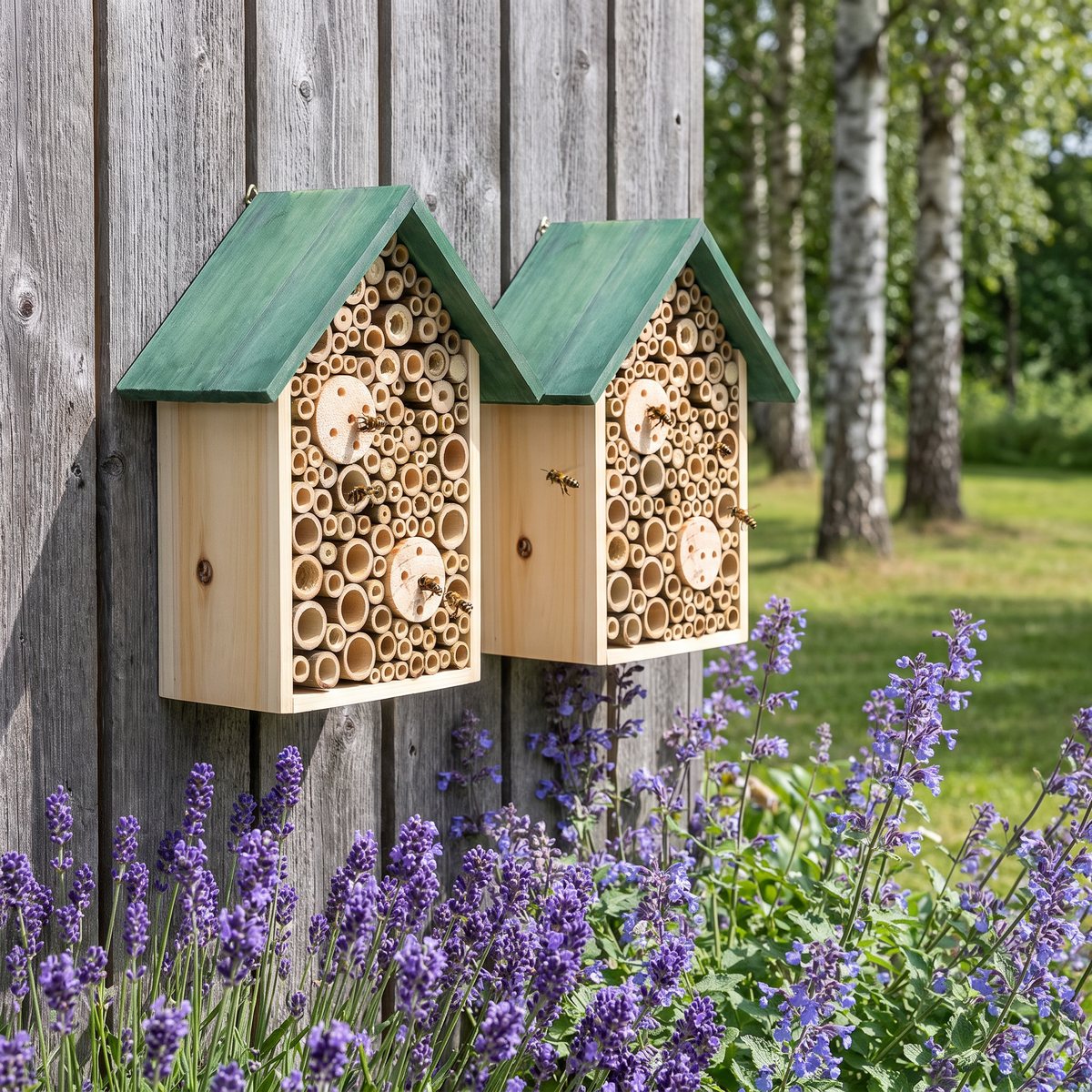 Två vidaXL-insektshotell med grönt tak och bamburör fastskruvade på ett grått trästaket ovanför blommande lavendel, björkar i bakgrunden