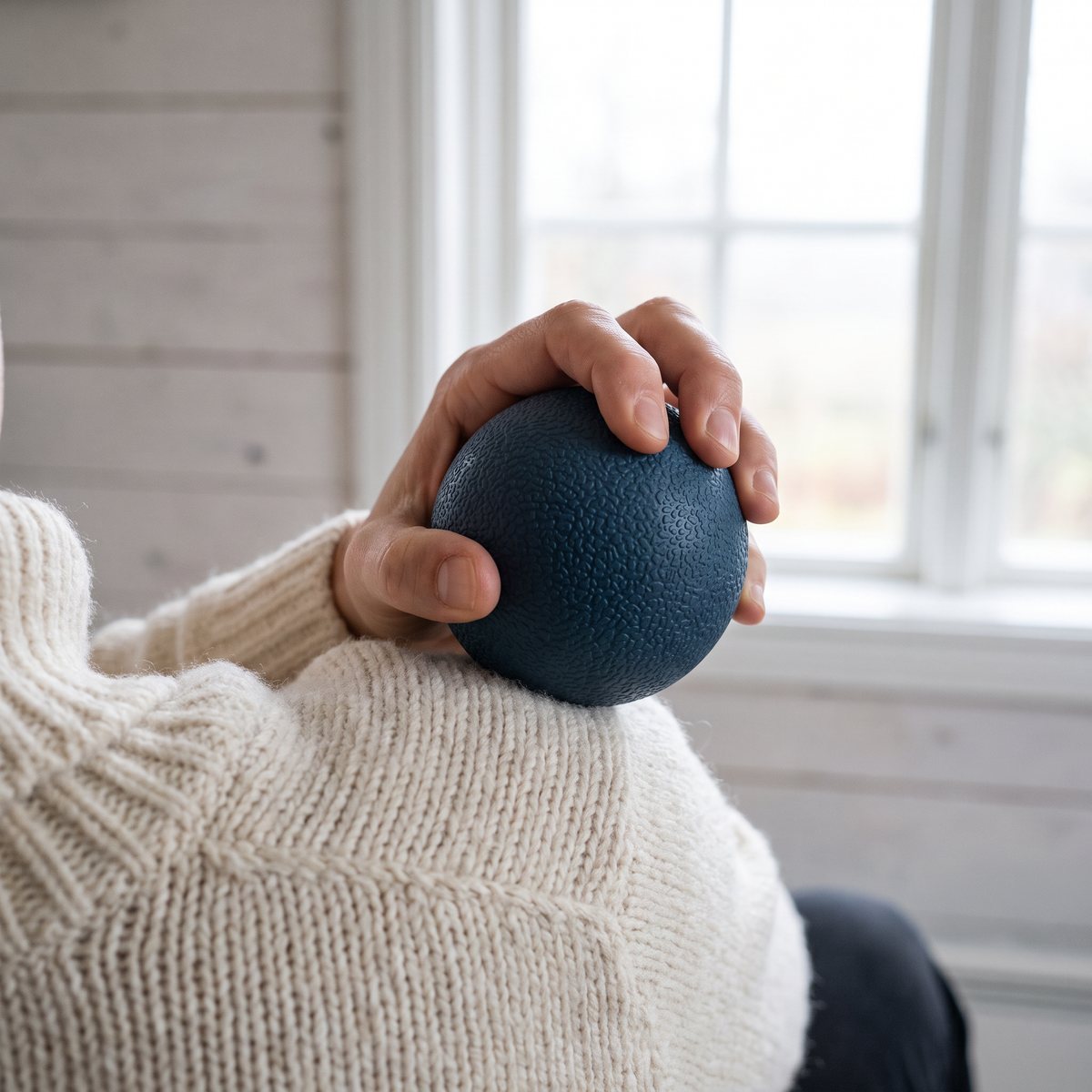 Hand som håller en blå massageboll mot axeln hos en person i krämvit stickad tröja i ett svenskt hem