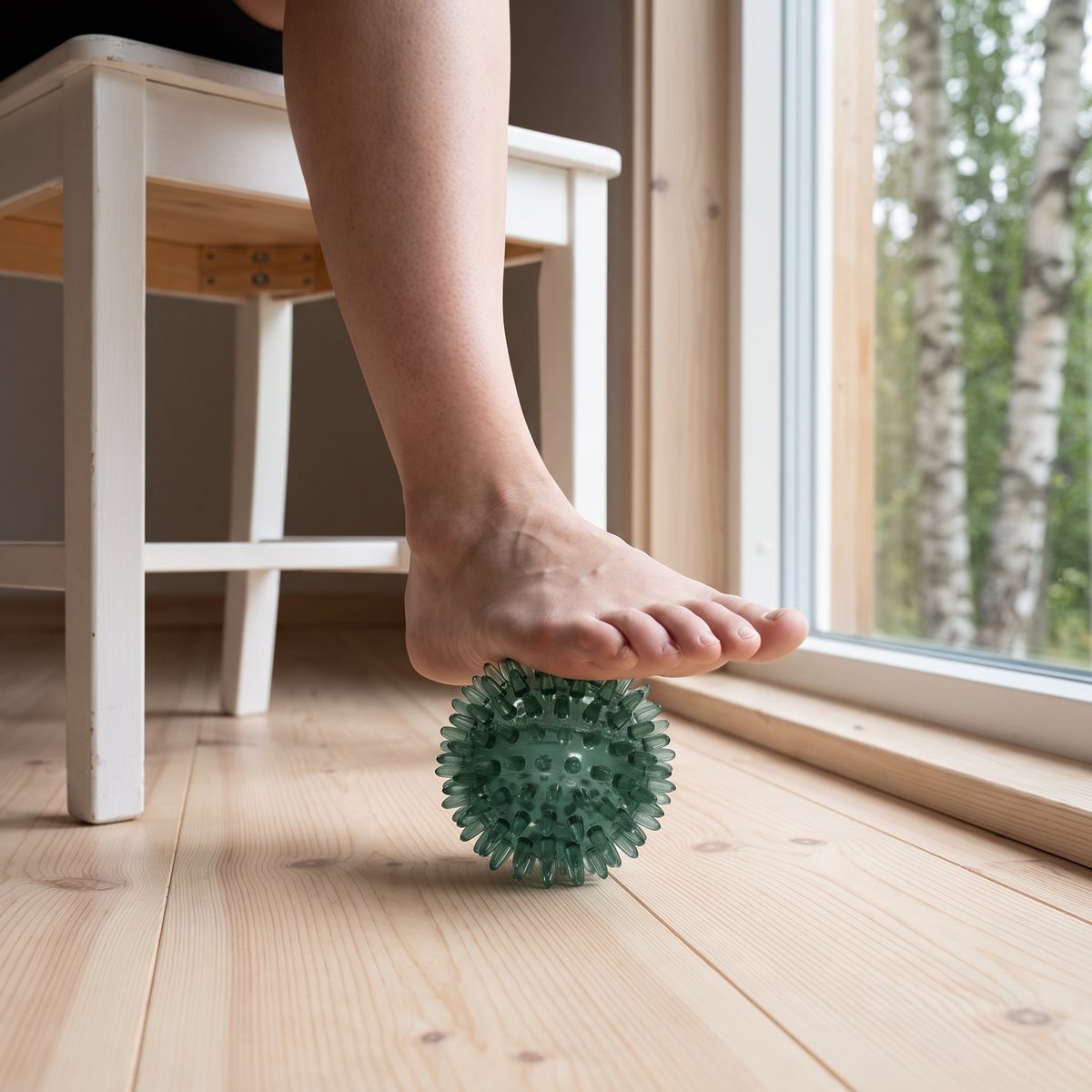Grön genomskinlig massageboll med mjuka piggar under en fot vid ett fönster med björkar i ett svenskt hem