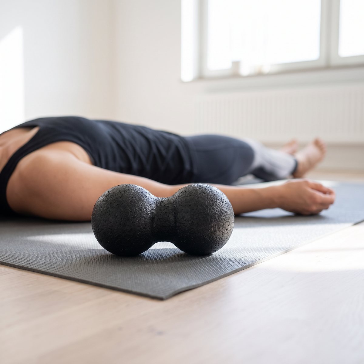 Svart dubbel massageboll i skum på en grå yogamatta i en ljus svensk lägenhet, med personen liggande på rygg