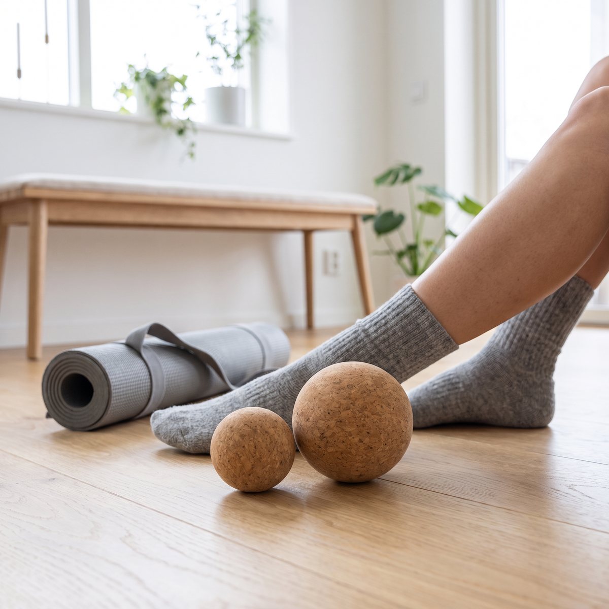 Två massagebollar i kork, en liten och en stor, på ett ekgolv bredvid en rullad yogamatta i ett ljust svenskt vardagsrum