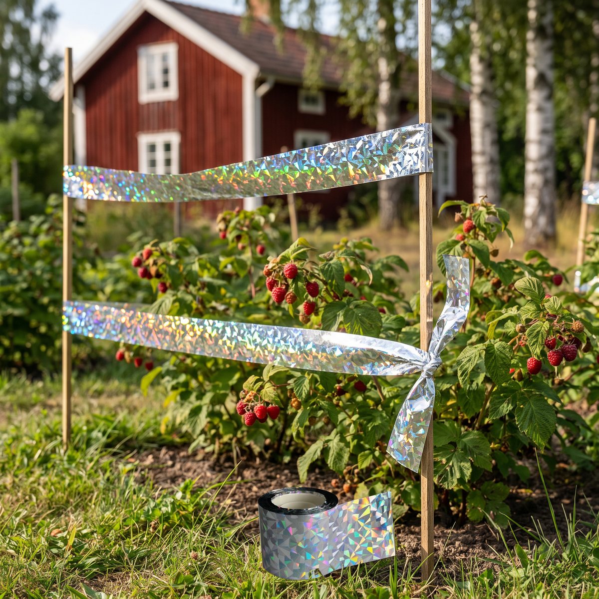 Holografiskt reflexband spänt mellan trästörar över hallonbuskar i en svensk trädgård med rött trähus