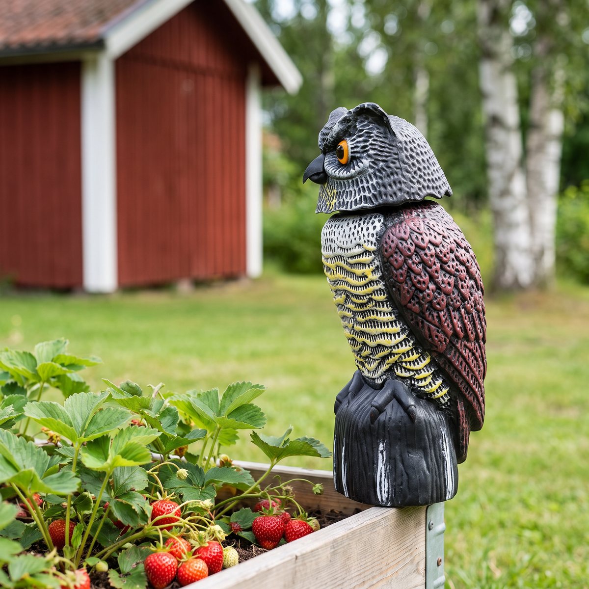 Plastuggla med orange ögon och rödbruna vingar på kanten av en odlingslåda med jordgubbar framför en röd bod