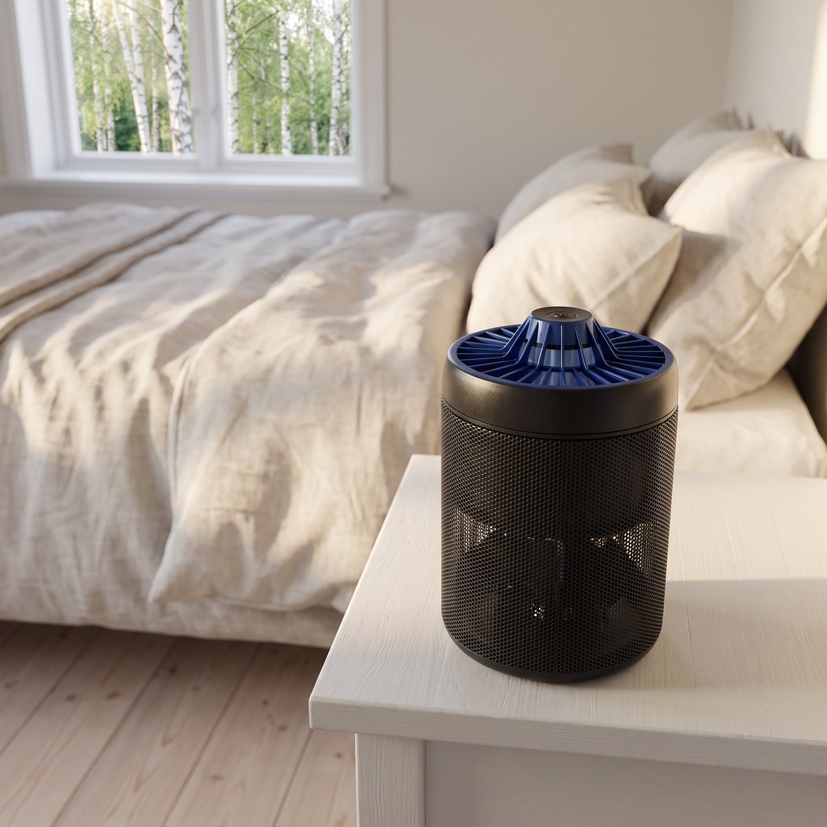 Svart Blaupunkt insektsfångare på ett nattduksbord i ett svenskt sovrum