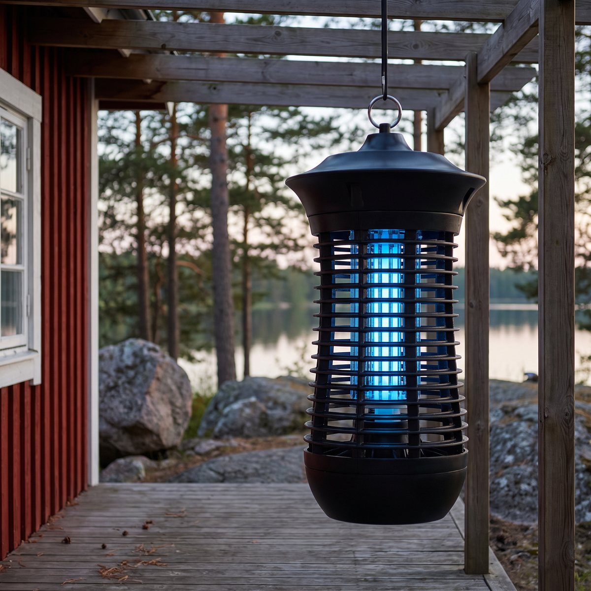 Svart insektsfälla hängd från en pergola vid en svensk stuga vid sjön