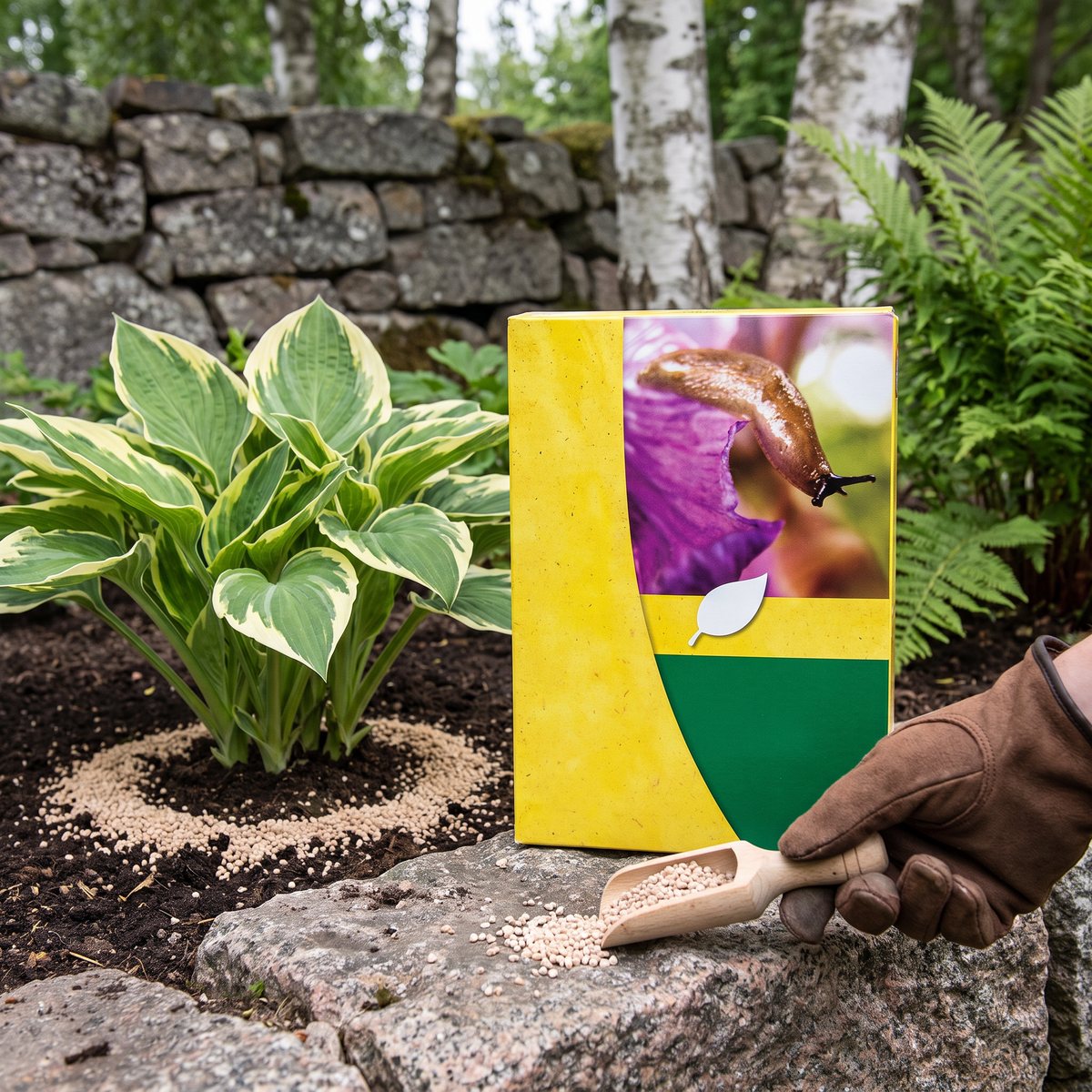 Natria snigelbarriär i kartong på en granitsten vid en funkia, med en ring av ljusa granulat kring plantan i en svensk trädgård med stenmur och björkar