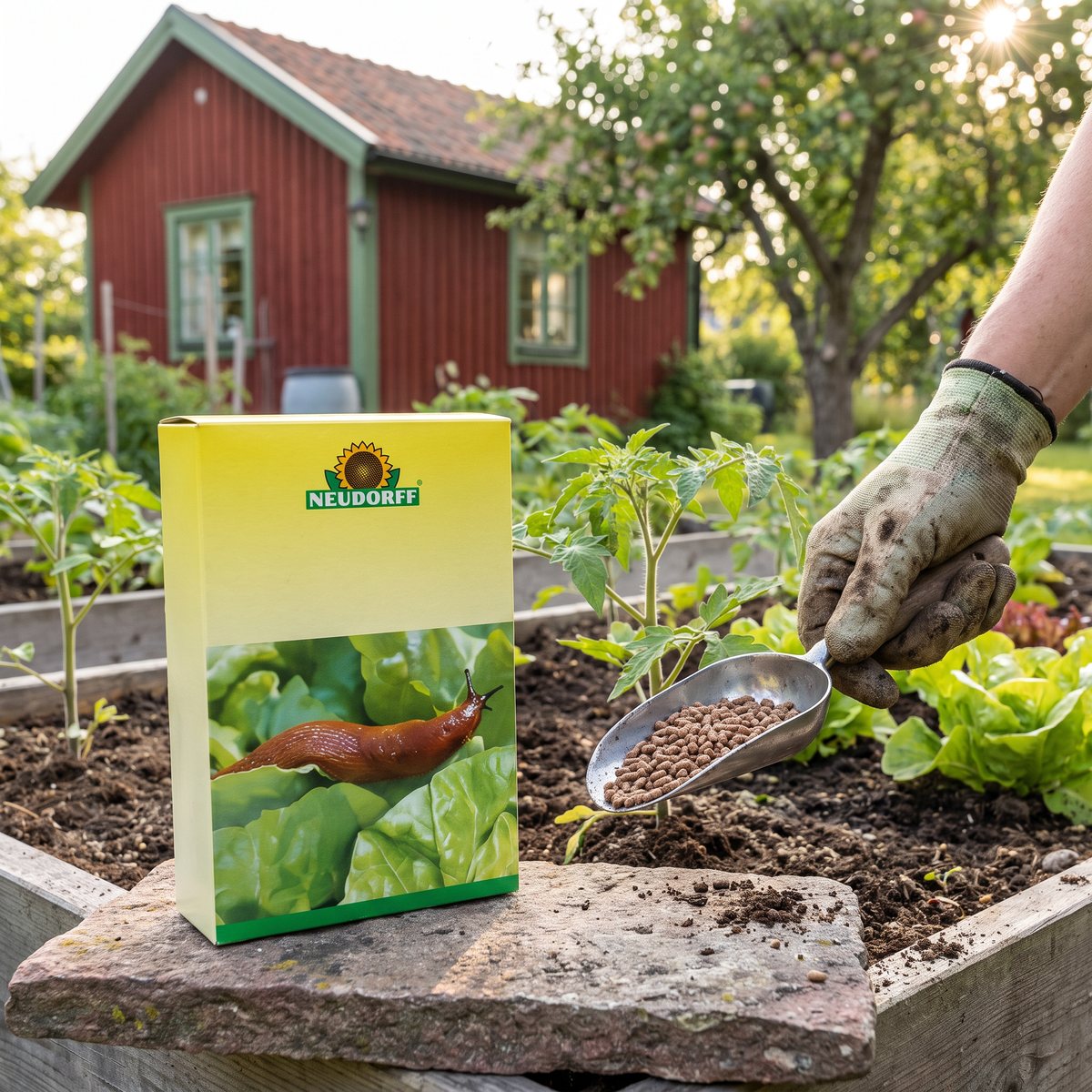 Neudorff Ferramol Snigel Effekt i kartong på en stenhäll vid en odlingslåda med tomat och sallat, med pellets på en liten skopa, i en svensk kolonilott