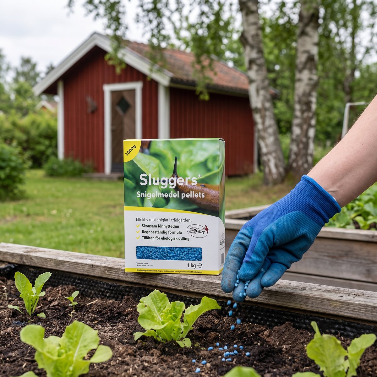 Sluggers snigelmedel i kartong vid en pallkrage med sallatsplantor, blå pellets sprids för hand i en svensk trädgård med rött bodhus och björkar