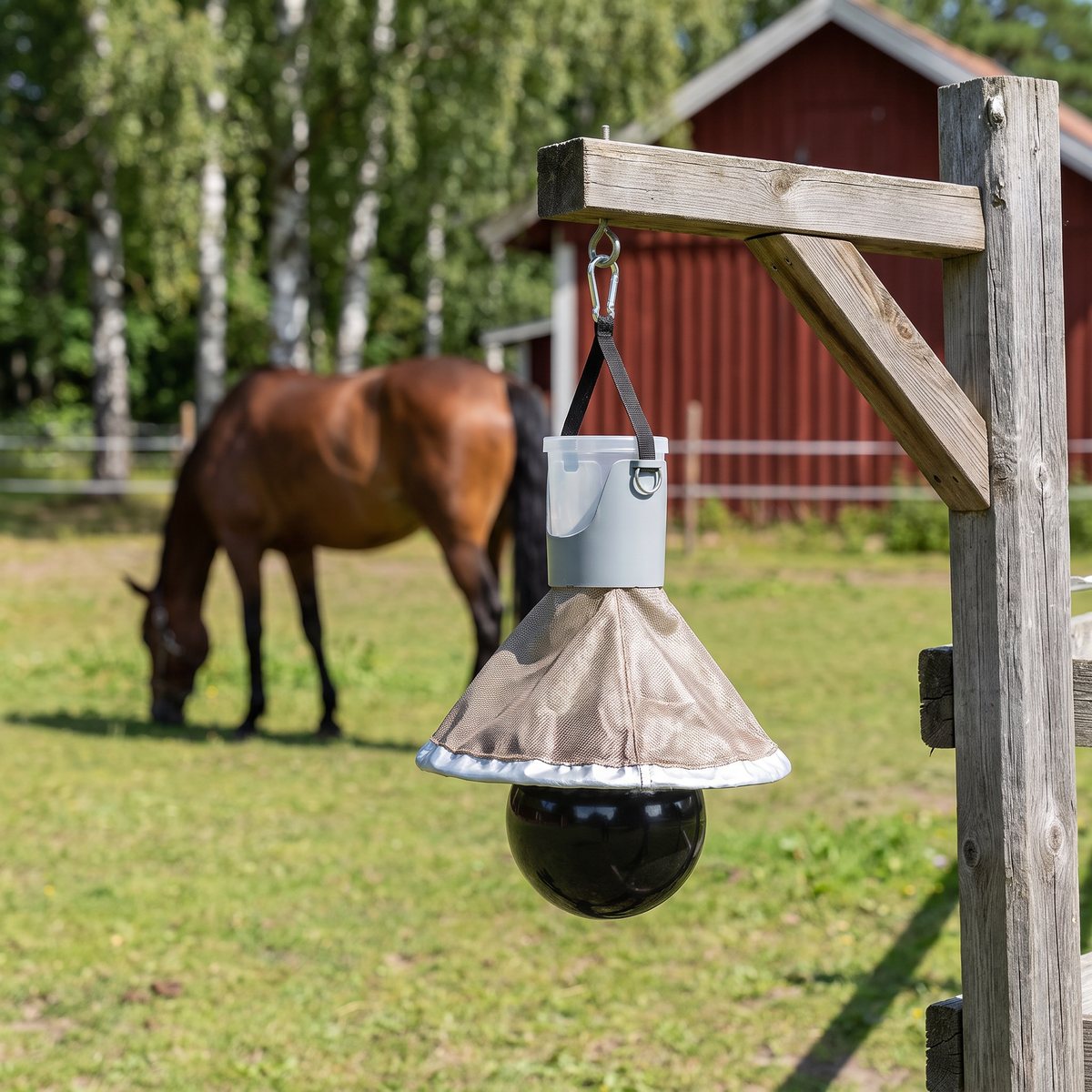 Kerbl Taon-X Mini med svart boll under skärm, upphängd i en stolpe vid en hästhage