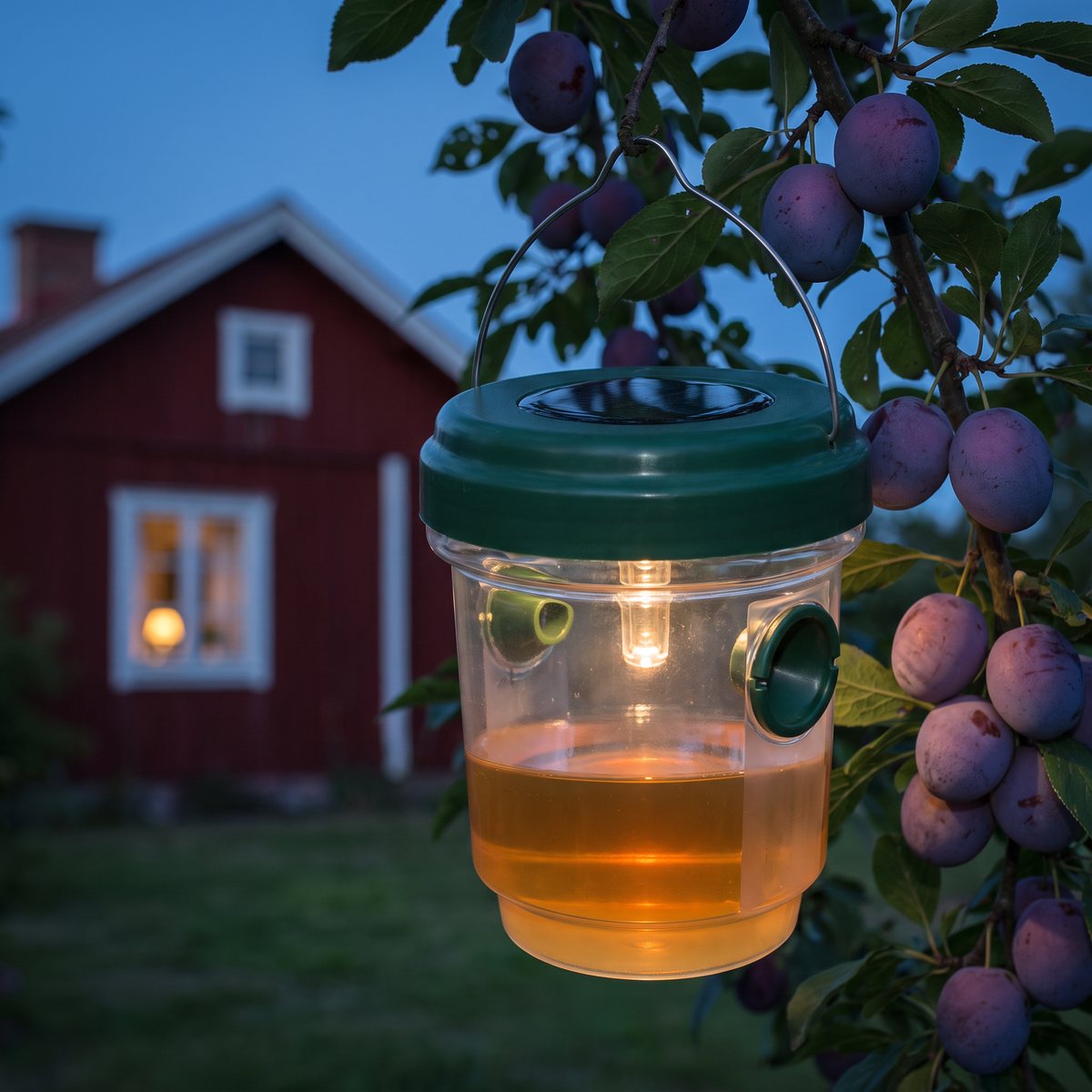 RYOM getingfälla med solcell och tänd LED hängd i ett plommonträd i skymningen