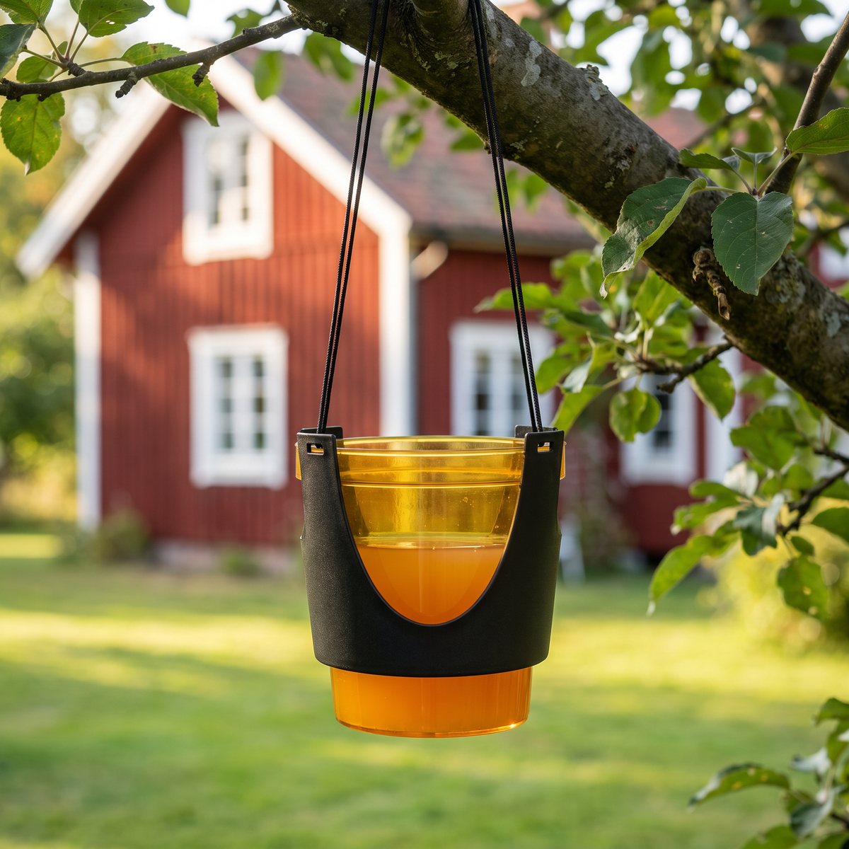 W-Trap getingfälla med gul behållare i svart hållare, upphängd i en äppelträdsgren framför ett rött trähus