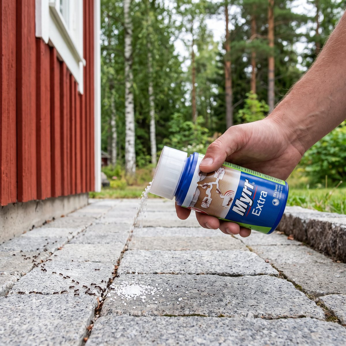 Myrr Extra i blå strödosa används på en granitplattsterrass vid en rödmålad trävägg i en svensk trädgård