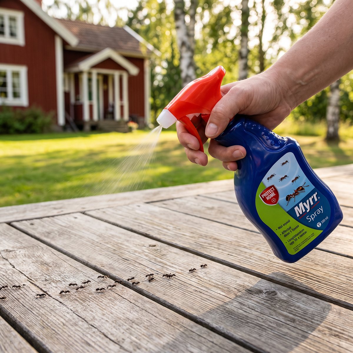 Myrr Spray sprayas mot myror på en trädäck vid en röd stuga i Sverige