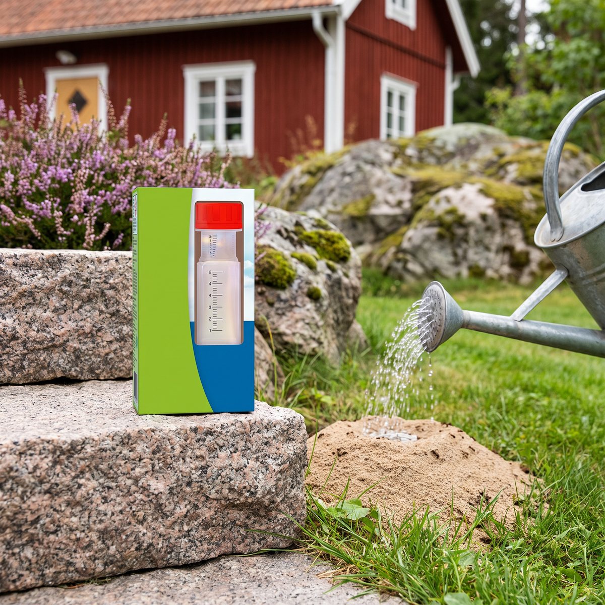 Myrr till utvattning med mätflaska och vattenkanna vid en myrstack i en svensk trädgård
