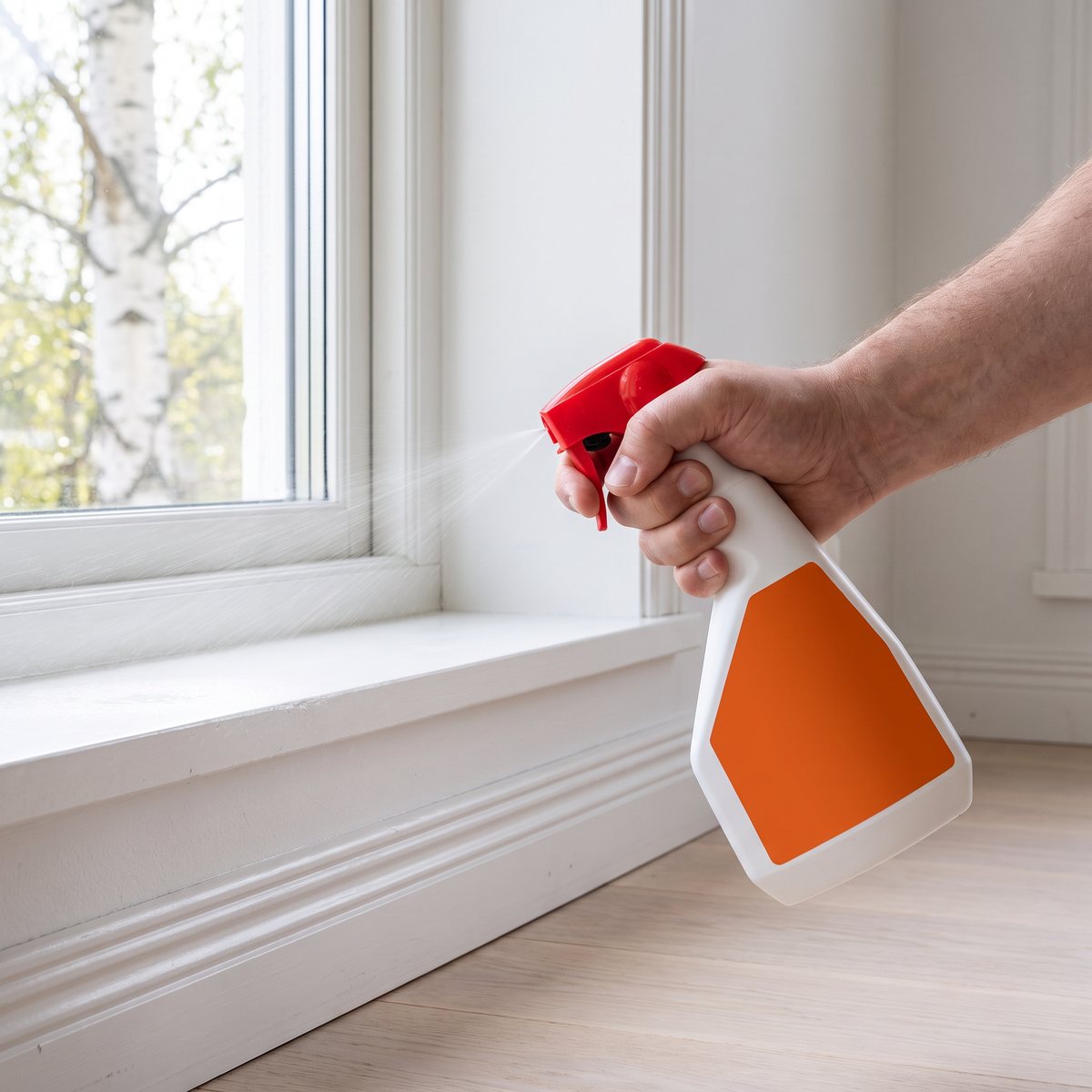 Stick Insektspray sprayas längs en vit fönsterkarm i ett ljust svenskt hem