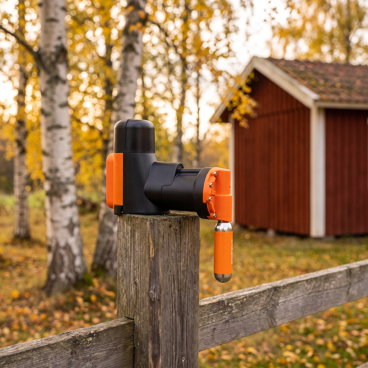 Goodnature A24 monterad på en stolpe vid en svensk trädgård med björkar och rött uthus