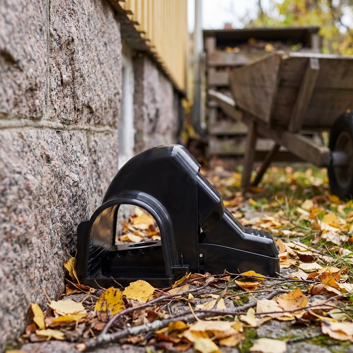 TheVault Safe Rat Trap i svart plast mot en granitgrund vid en svensk villa