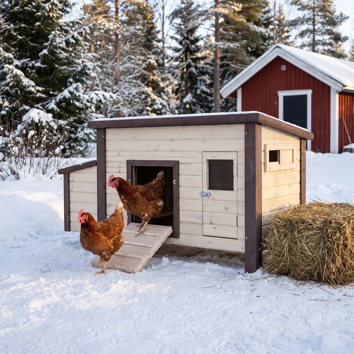 Kellfris lilla isolerade hönshus i ljust trä med bruna knutar, två hönor på rampen ut i snön och en höbal mot väggen, snötäckta granar och en röd bod bakom