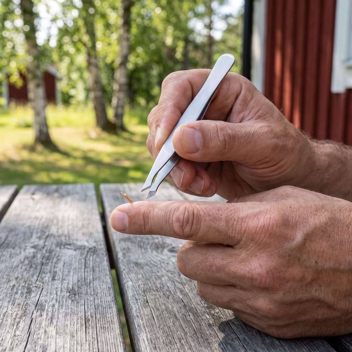 Händer som drar ut en sticka ur ett finger med en stålpincett på ett gammalt trädbord vid en röd sommarstuga