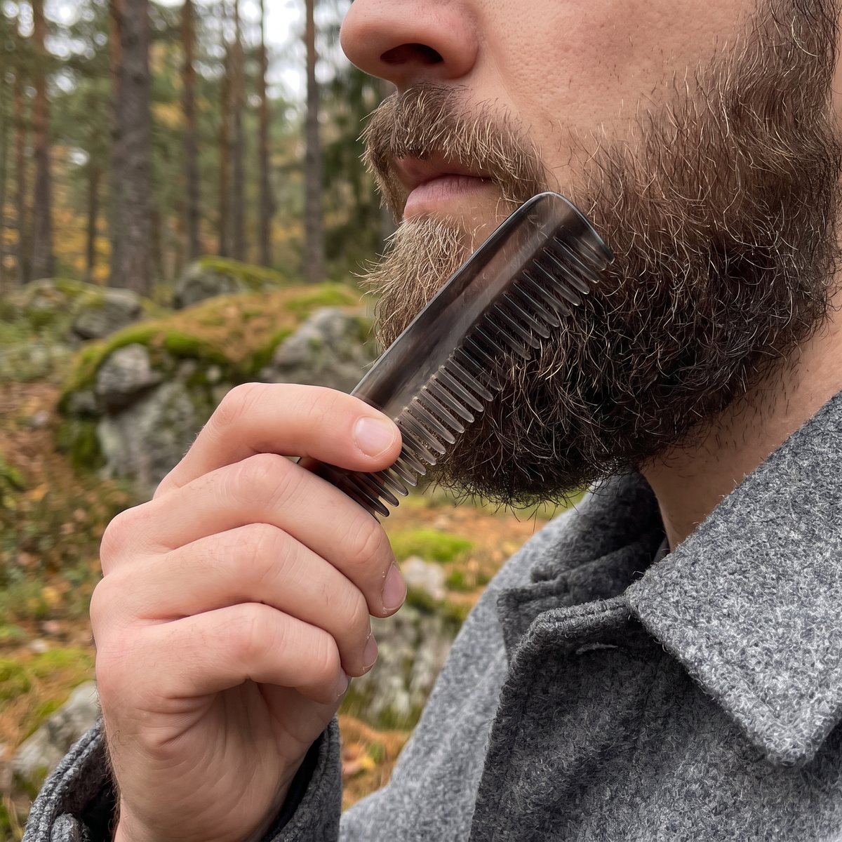 Handgjord fickkam i grafitgrått acetat dras genom ett helskägg i en svensk tallskog på hösten