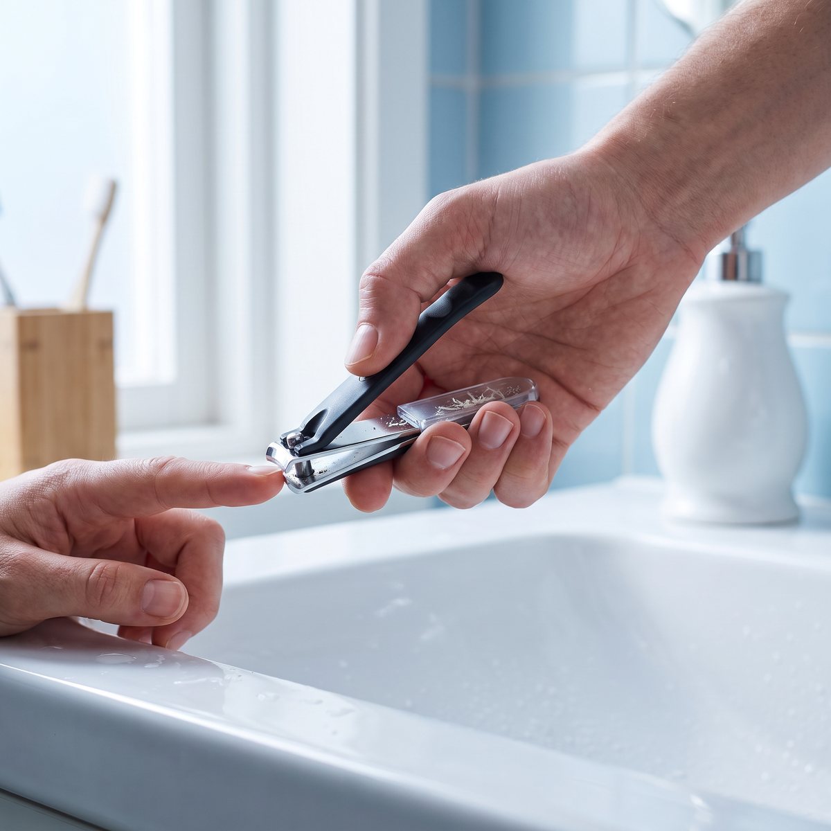 Scholl nagelklippare med inbyggd uppsamlare vid en vit handfat i ett svenskt badrum