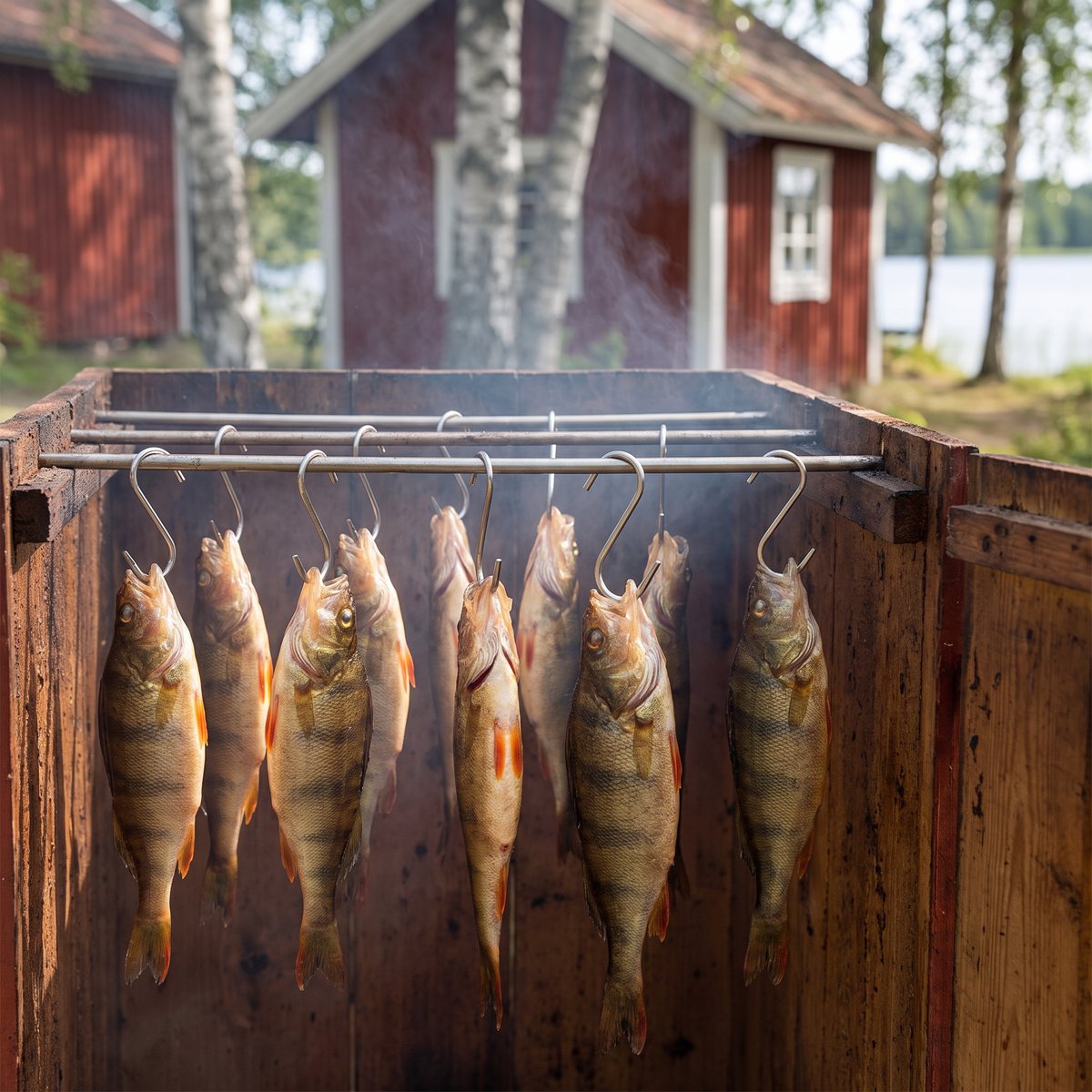 Teamjakt S-krokar med abborrar i ett rökskåp vid en sjö med rött hus och björkar