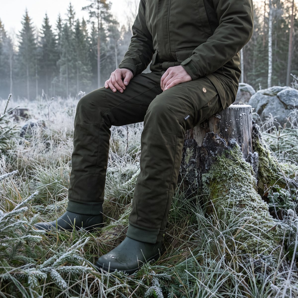 Jägare i mörkgröna vadderade Chevalier Highland Chevalite-byxor sitter på en frostig stubbe på passet vid ett svenskt granhygge i gryningen