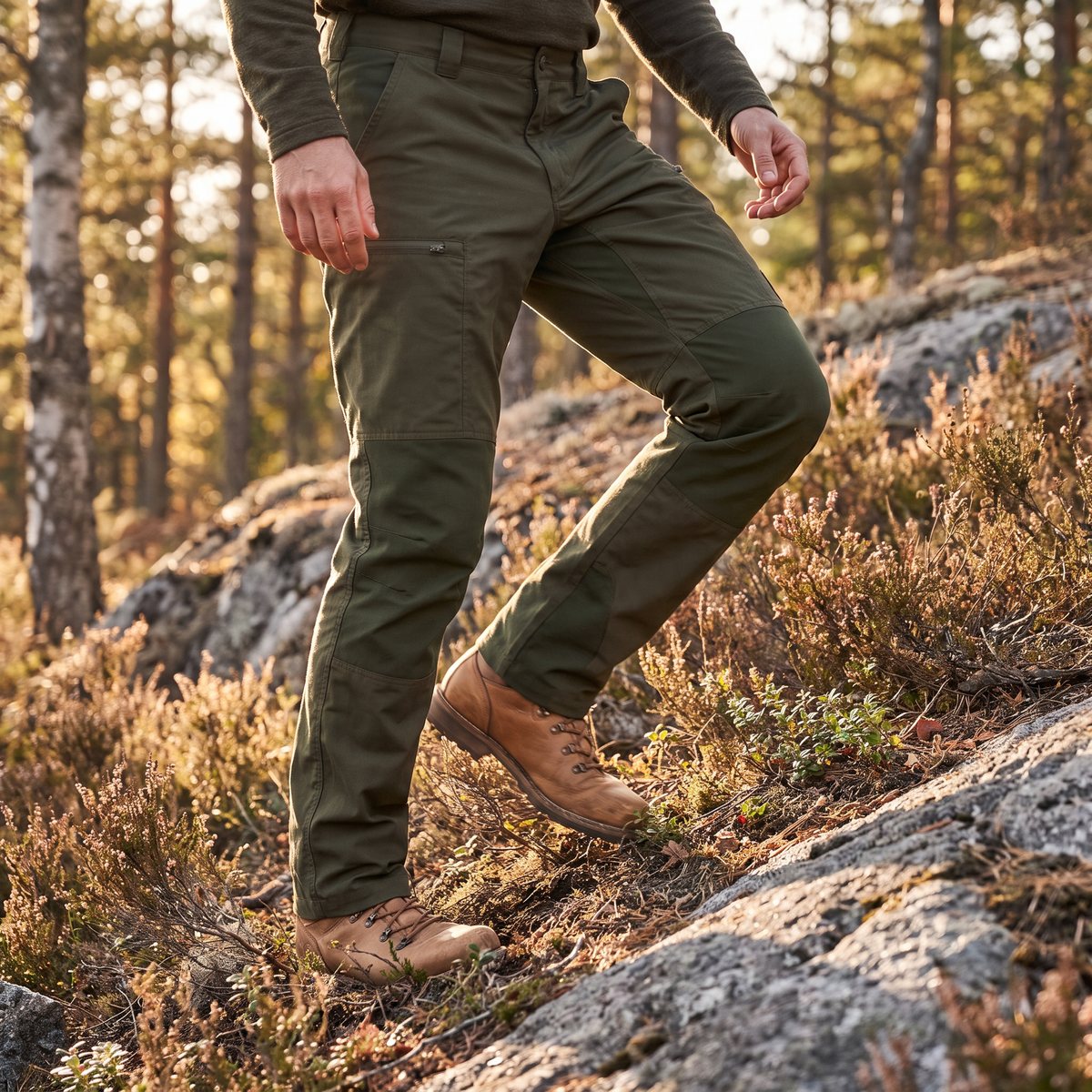 Jägare i lätta gröna Härkila Fjell-byxor smyger uppför en solig hällmark med ljung, tall och björk en septemberdag