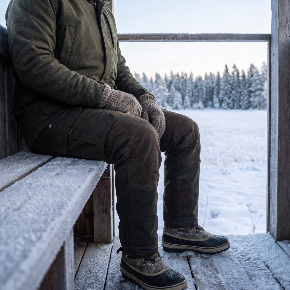 Jägare i Härkila Kodiak CleverWool-byxor sitter på bänken i ett frostigt jakttorn med utsikt över ett snötäckt fält och granskog