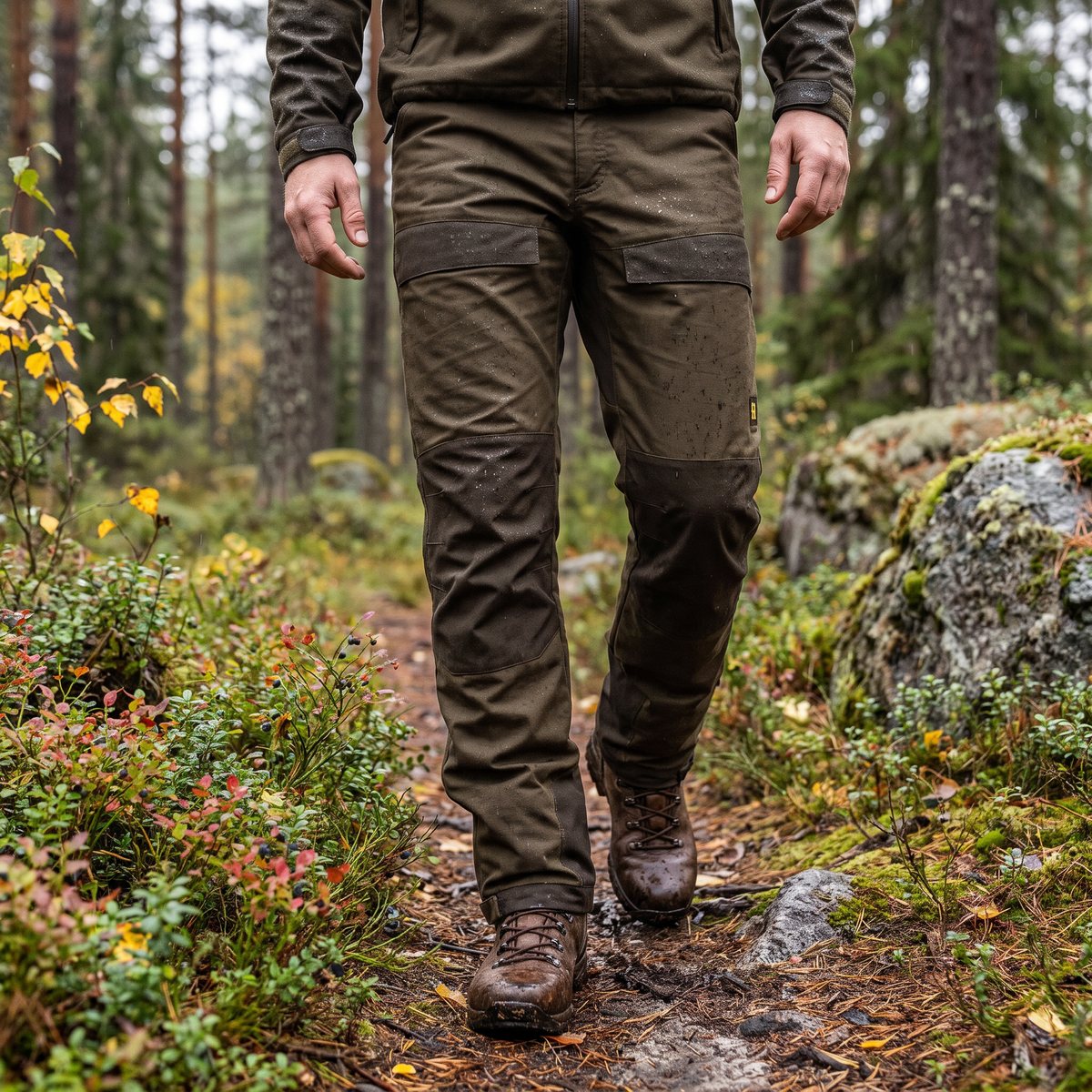 Jägare i Härkila Nordic Hunter HWS-byxor med mörkbruna förstärkningar går på en stig genom svensk barrskog en regnig höstdag