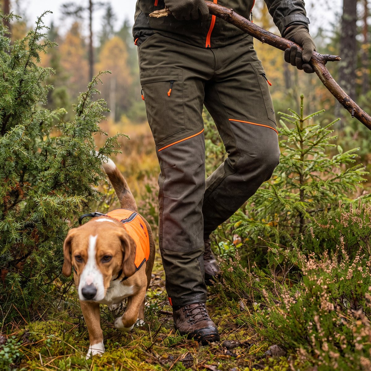 Jägare i olivgröna Seeland Venture-byxor med orange detaljer tar sig fram genom en ener och ljung medan en drever i orange väst springer före