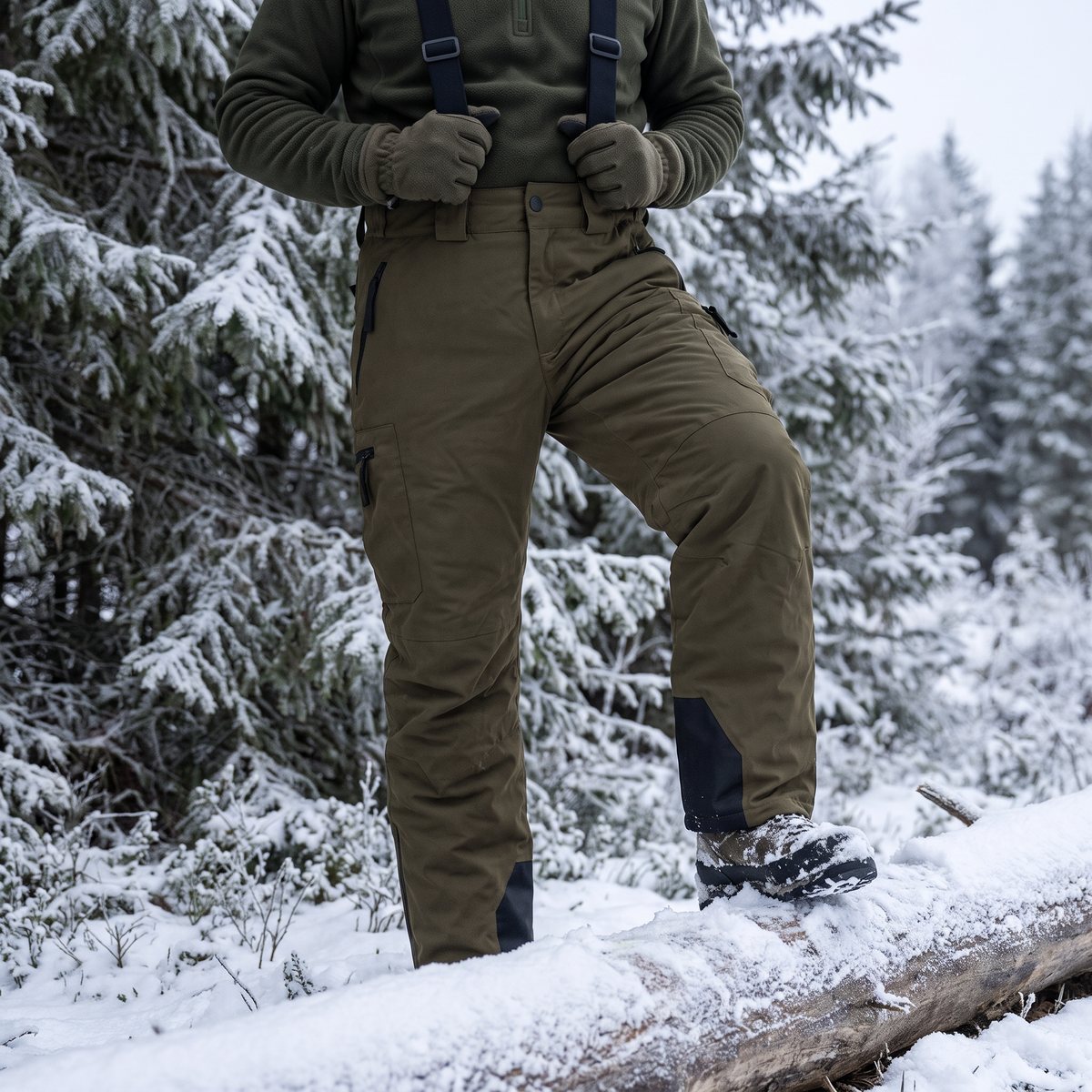 Jägare i vadderade Swedteam Ridge Booster-byxor med svarta hängslen står med ena kängan på en snötäckt stock vid en svensk granskog