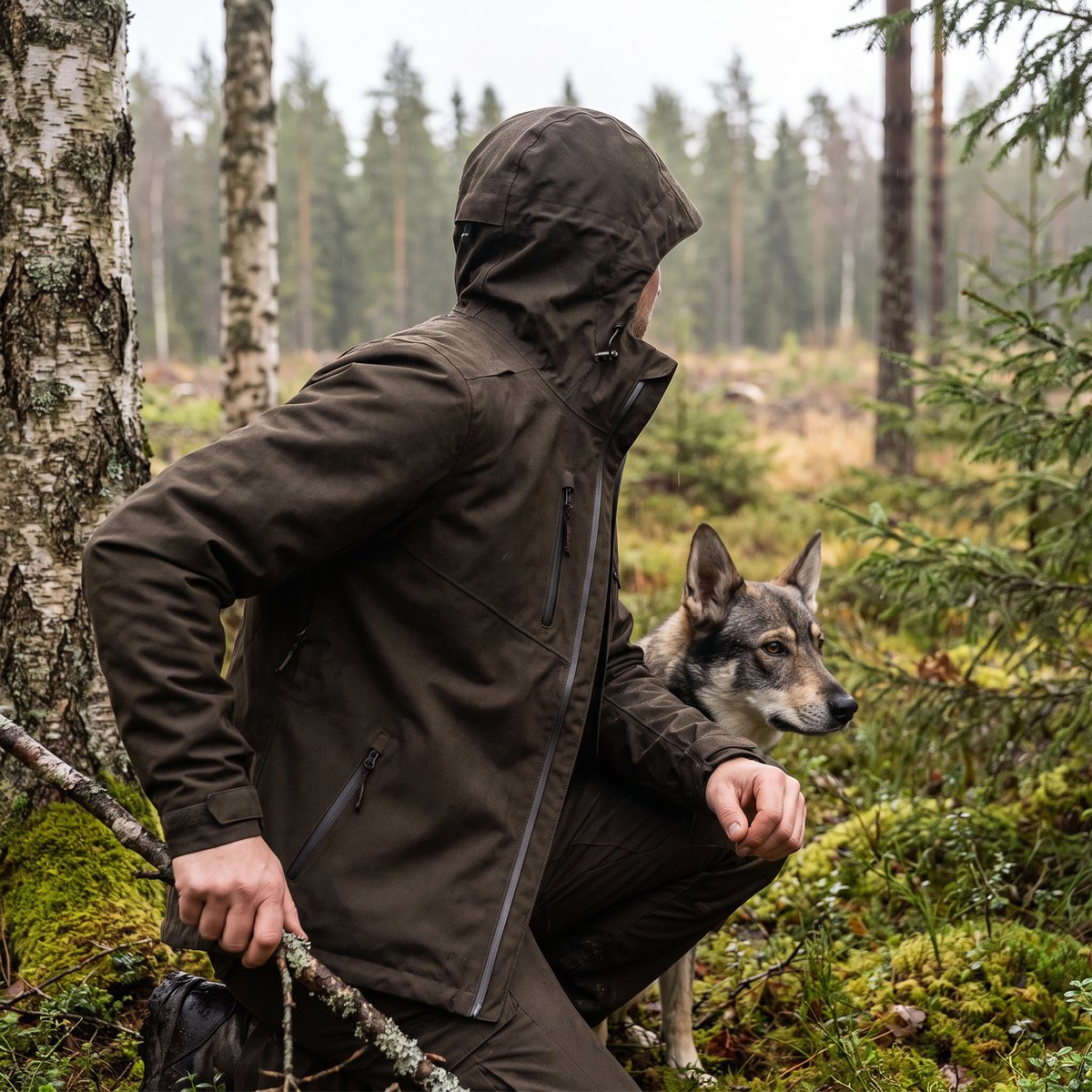 Jägare i Härkila Aspire HWS med huvan uppe och en hund i ett svenskt hygge med björk och gran i dis
