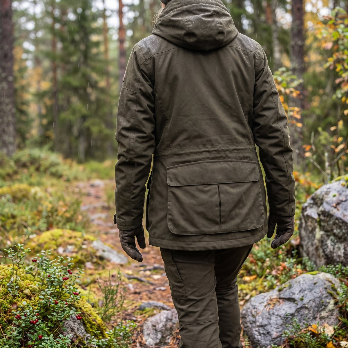 Kvinna i Pinewood Furudal Expert jaktjacka på en stig i svensk granskog med lingonris och granit i lätt regn